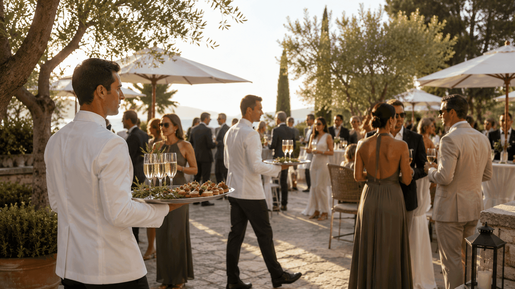 Alaçatı'da açık havada kurulmuş düğün catering masa düzeni ve sunum
