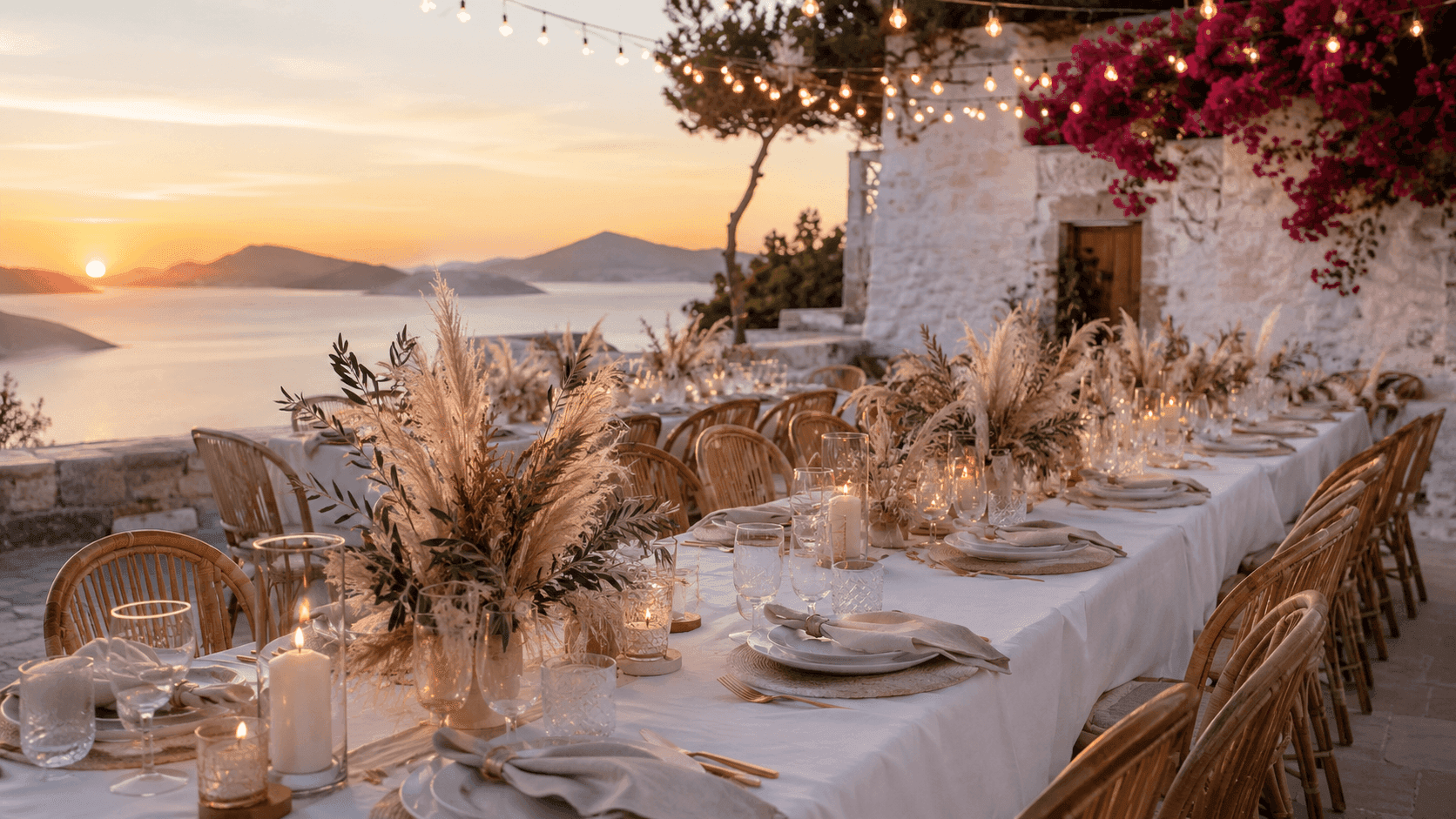 Alaçatı'da açık havada kurulmuş düğün catering masa düzeni ve sunum