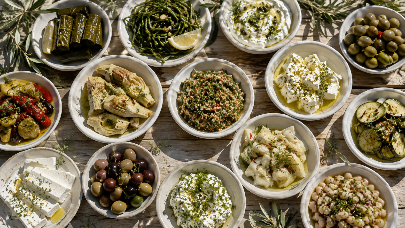 Alaçatı'da açık havada kurulmuş düğün catering masa düzeni ve sunum