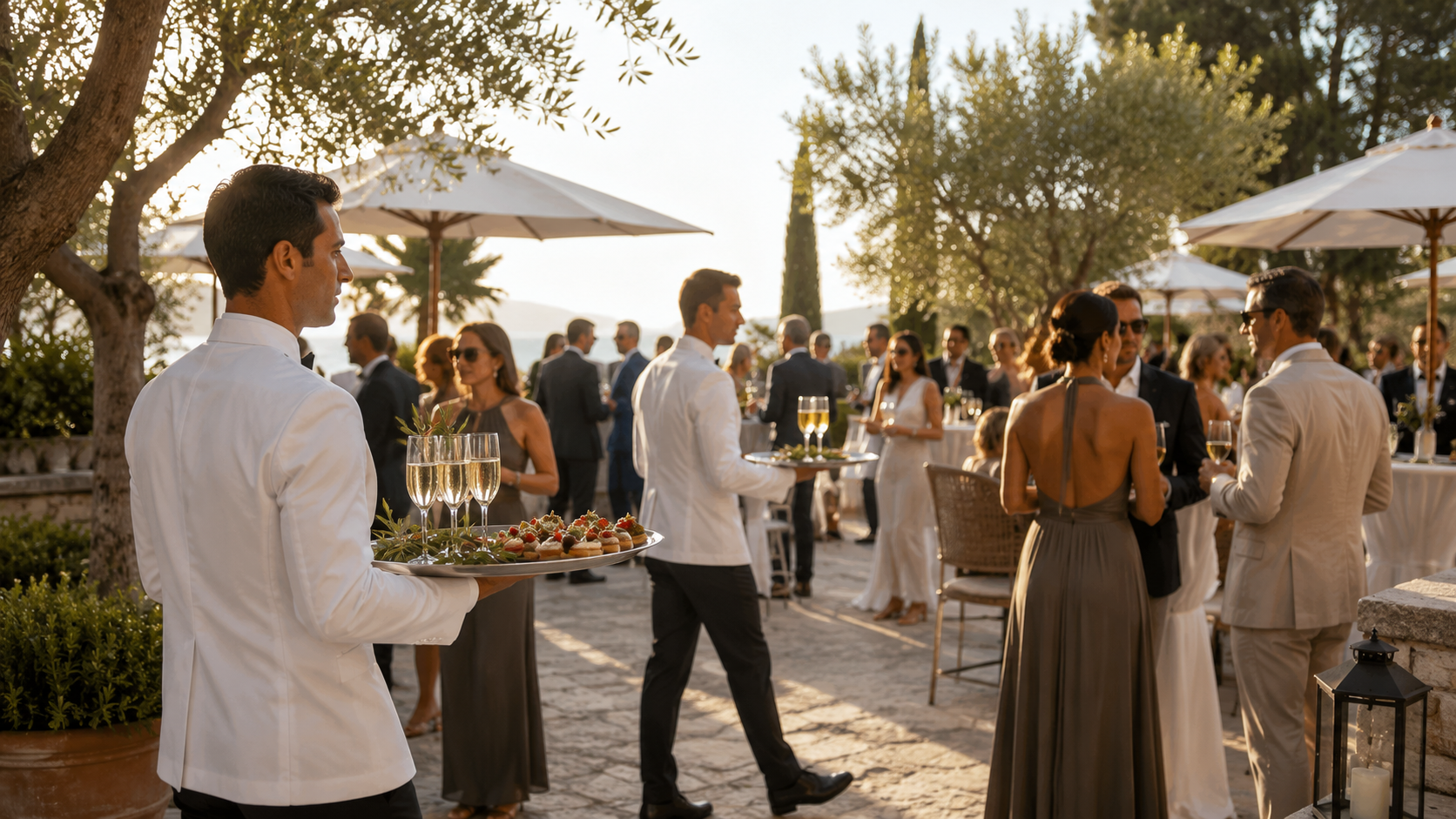 Alaçatı'da açık havada kurulmuş düğün catering masa düzeni ve sunum
