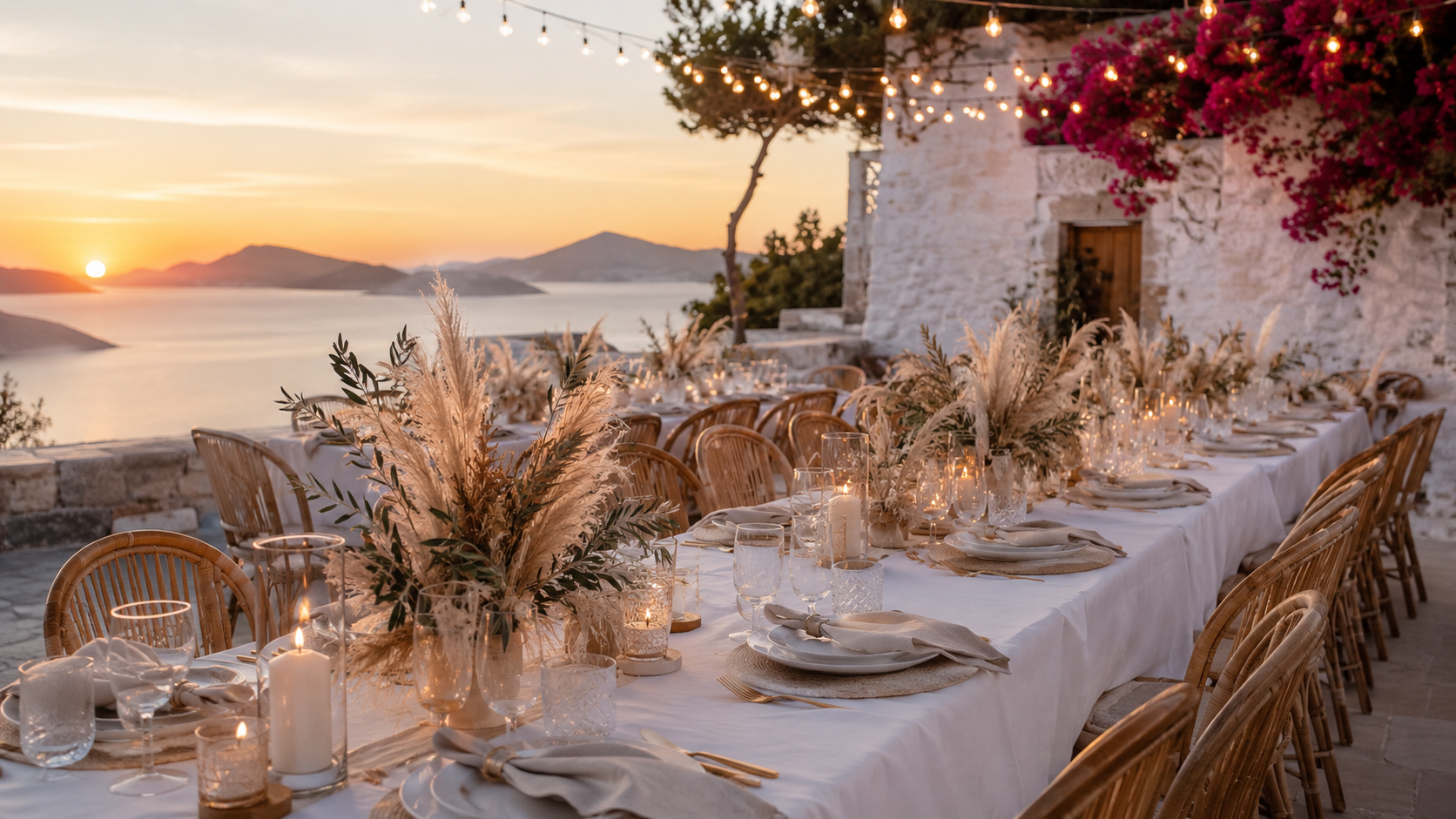 Alaçatı'da açık havada kurulmuş düğün catering masa düzeni ve sunum