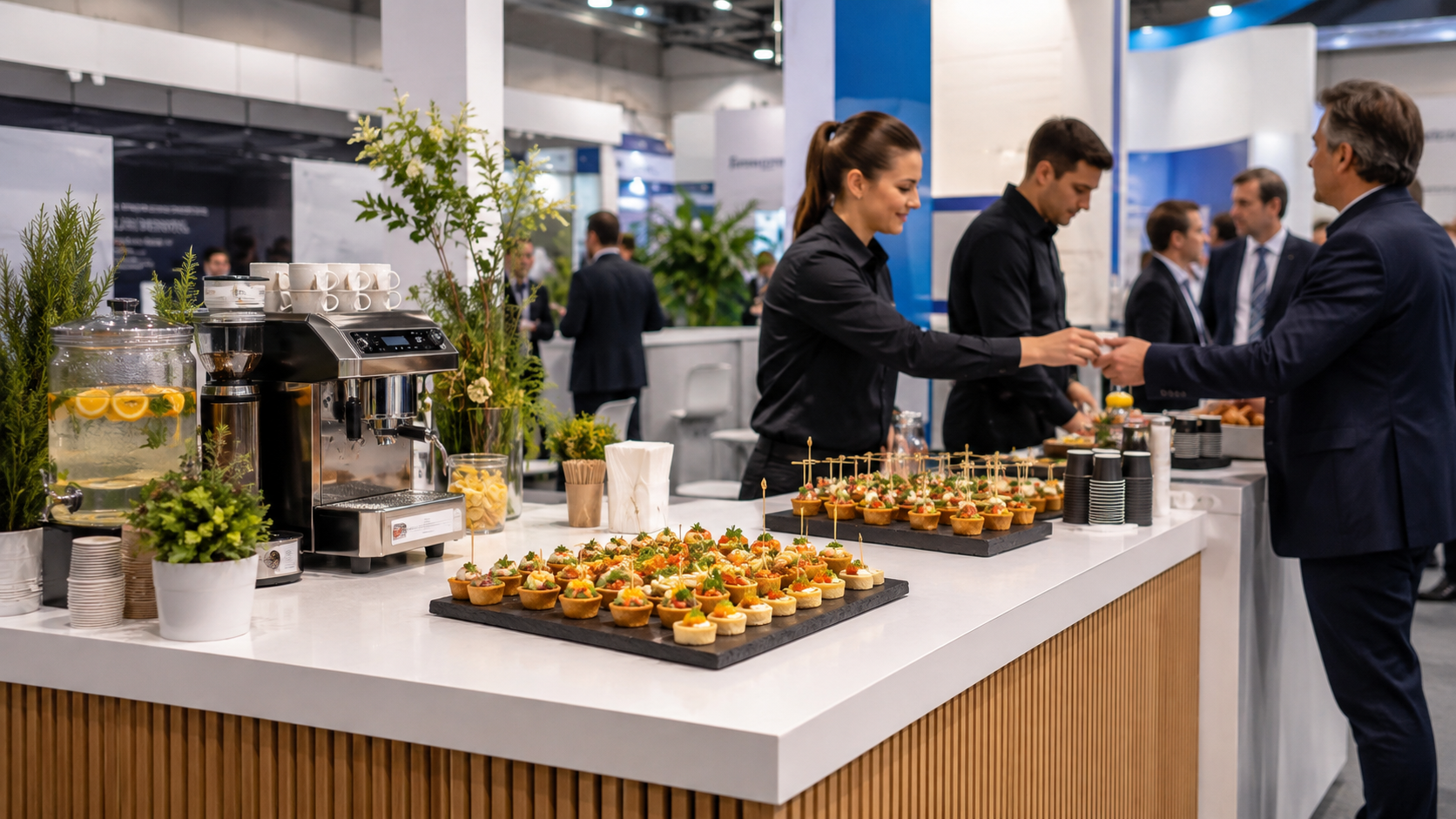 İzmir fuar standında Flex Catering coffee break ikram sunumu