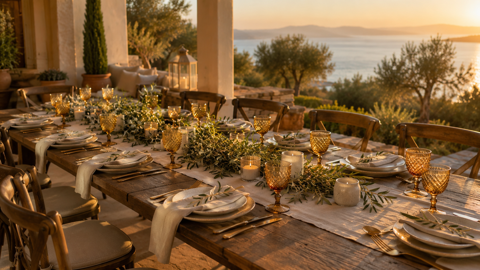 Villa terasında private catering ile hazırlanmış özel akşam yemeği sunumu